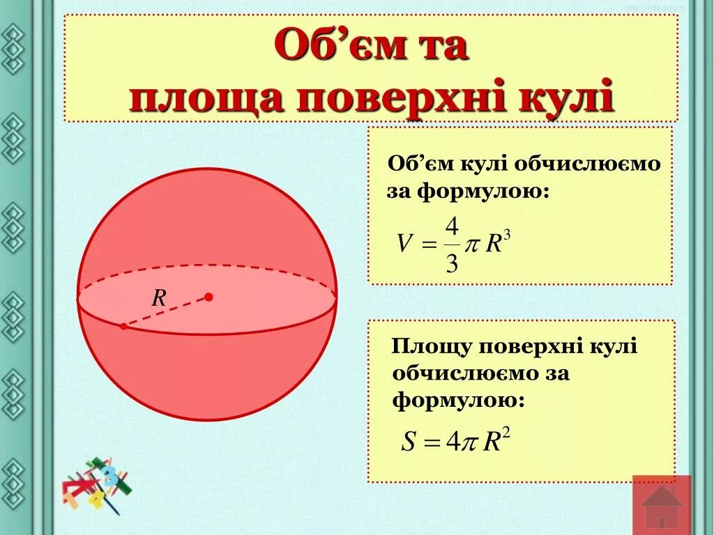 Шар формулы площади и объема. Площа поверхні кулі. Формула площі поверхні кулі. Площа Великого круга кулі. Объем шара.