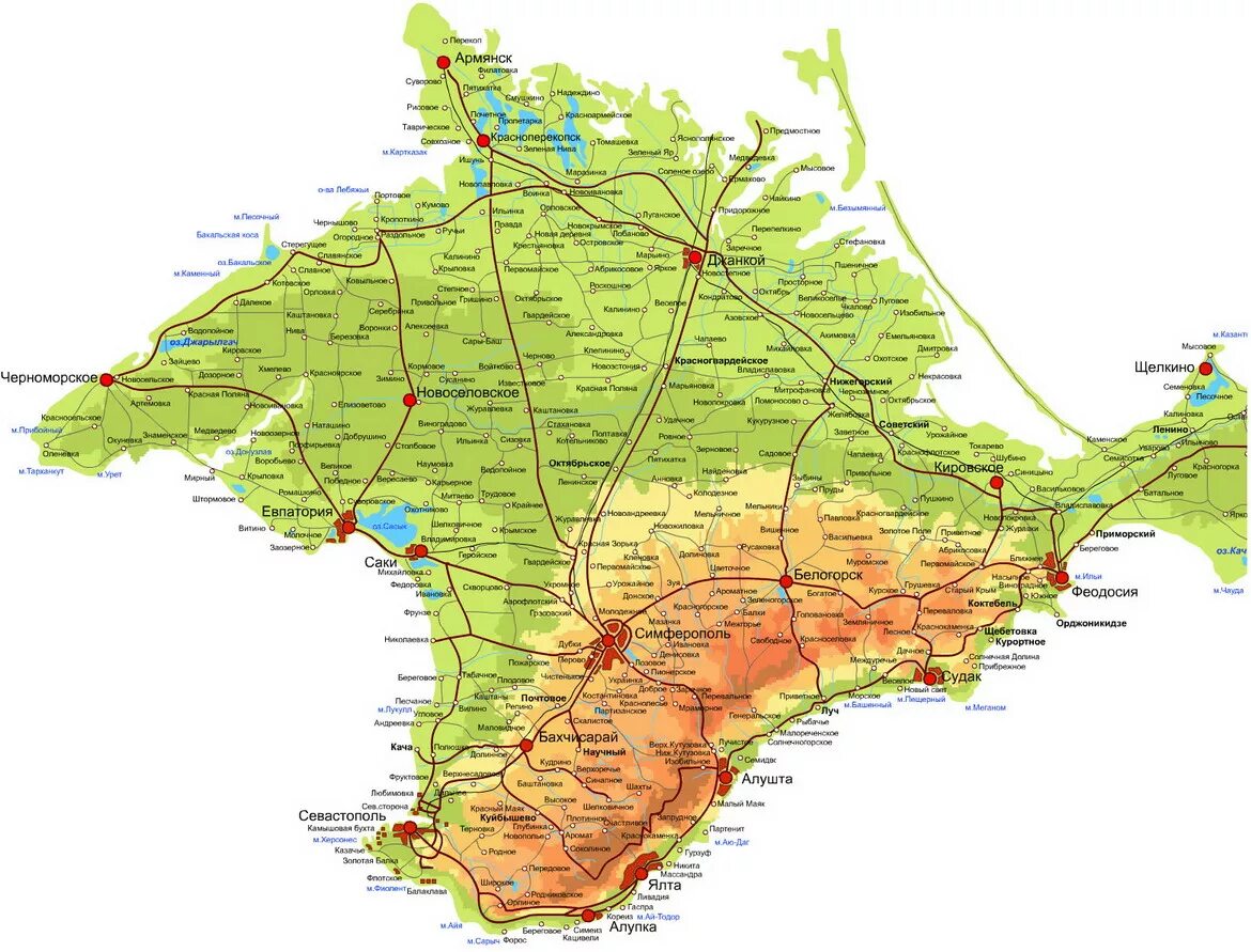 Крым подробная карта дорог. Физическая карта Крымского полуострова. Карта Крымского полуострова с населенными пунктами подробная. Крым карта подробная с городами и поселками физическая. Географическая карта Крыма.