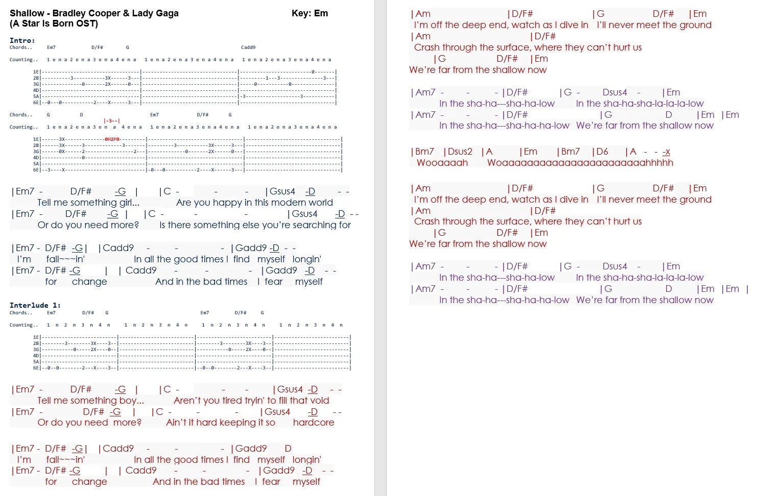 Shallow табы для гитары. Lady Gaga&Bradley Cooper. «Shallow»: Ноты для гитары. Lady Gaga Bradley Cooper shallow текст. Lady Gaga shallow Chords. Леди гага shallow текст