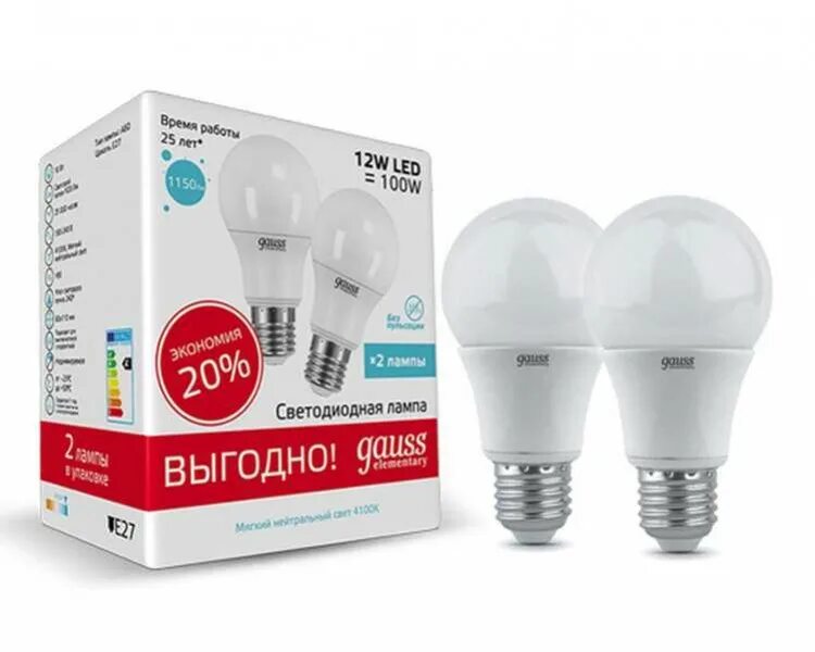 Led elementary. Лампа светодиодная gauss 23212p, e27, a60, 12вт. лампа gauss led elementary a60 12w e27 2700k. упаковка светодиодных ламп 2 шт gauss 23221p, e27, a60, 11вт. gauss led elementary a60 20w e27 4100k.