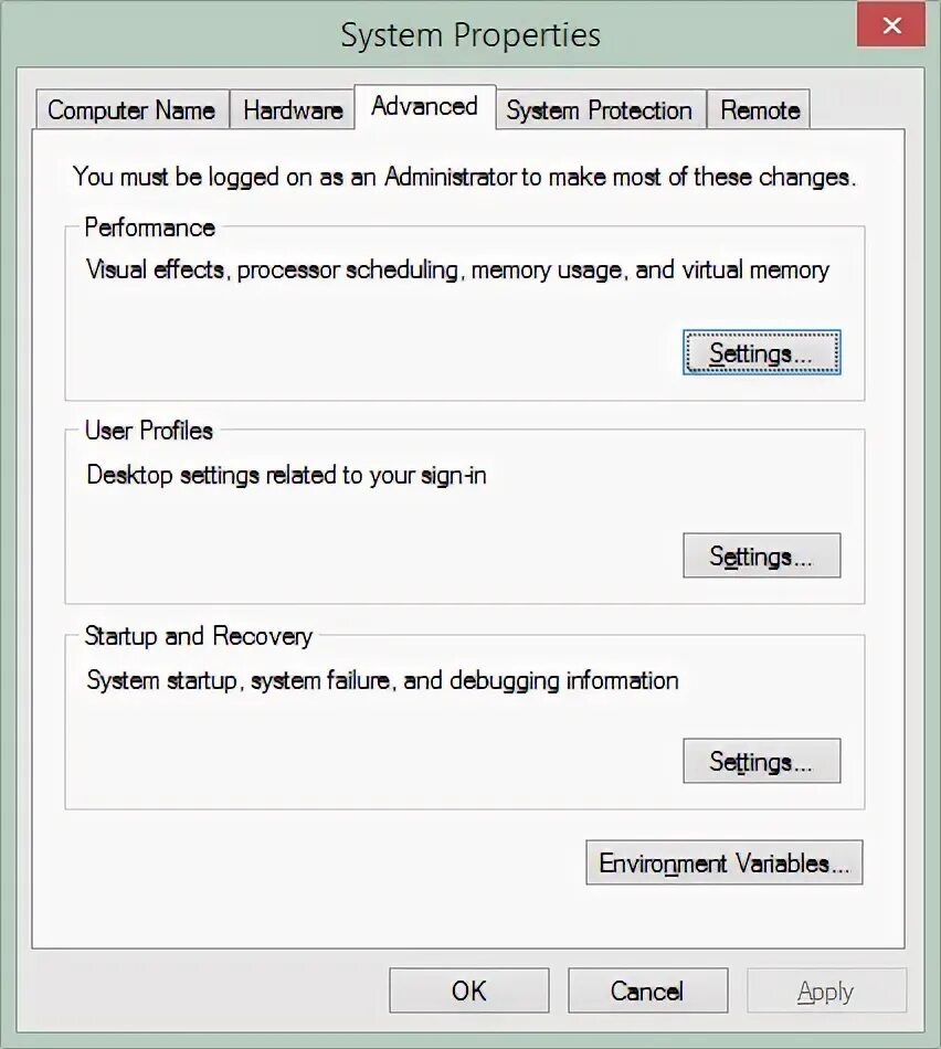 System settings environment variables. System properties. environment variables button.