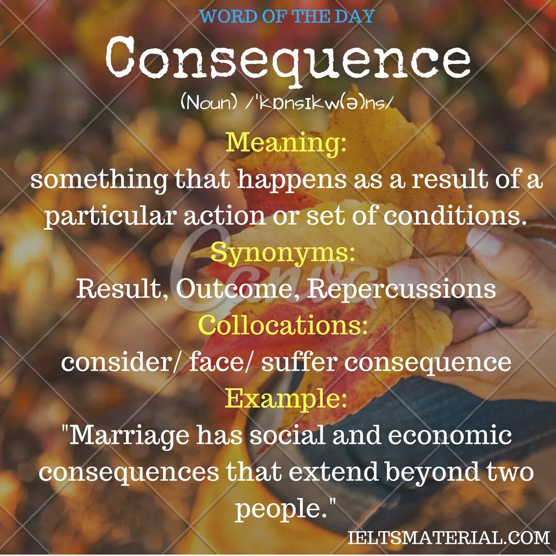 As a consequence. Words of consequence. consequence synonyms. word of the day. actions have consequences.