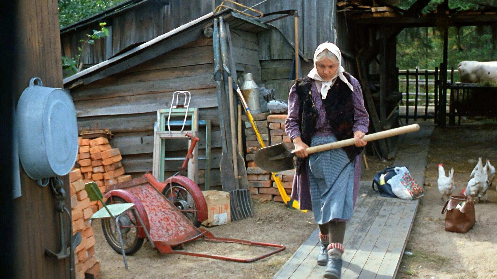 Бабушка пописала. Любовь и голуби баба Шура. Женщина в деревне. Бабка с лопатой.