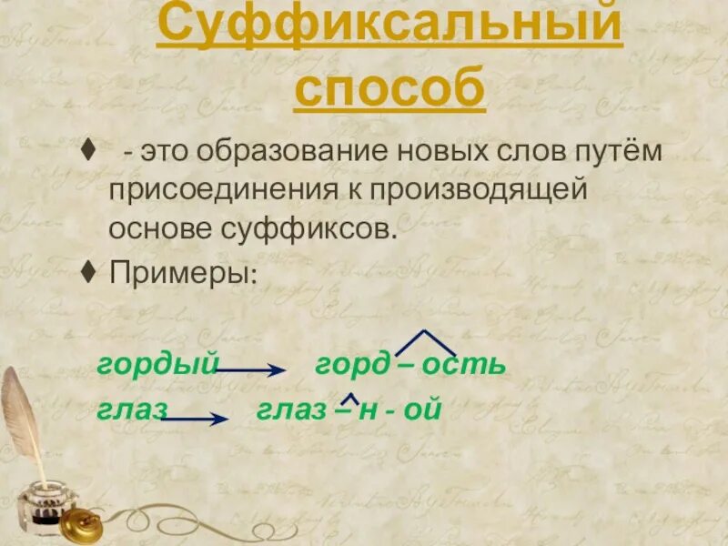 Слово подобрать способ образования. Суффиксальный способ образования. Суффиксальный способ образования слов. Суффиксальный способ образования слов примеры. Слова образованные суффиксальным способом.