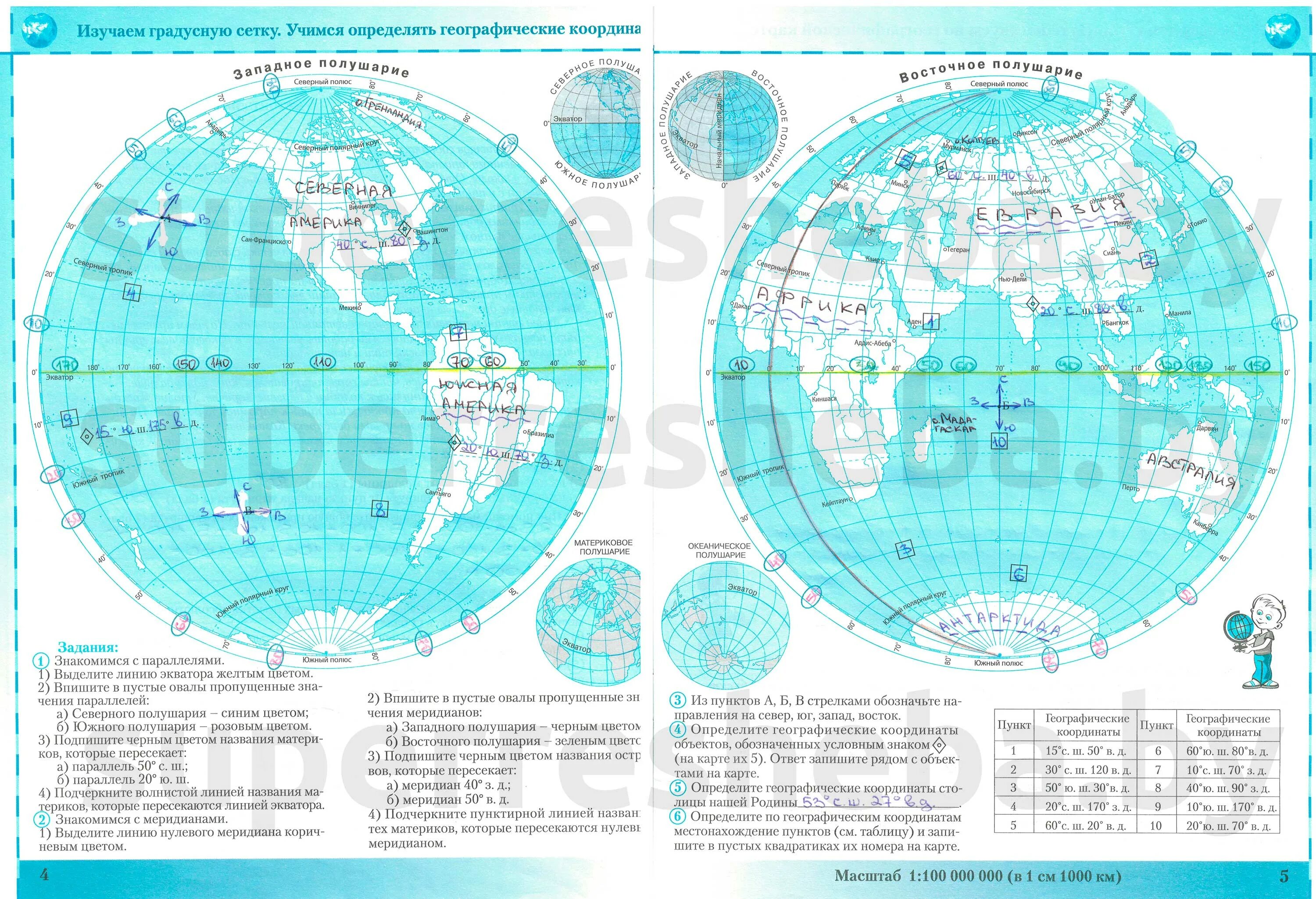 Контурная карта 6 класс география стр 10. Карта полушарий с географическими координатами. Карта с градусной сеткой. Карта полушарий с линией экватора. Полушария земли с градусной сеткой.