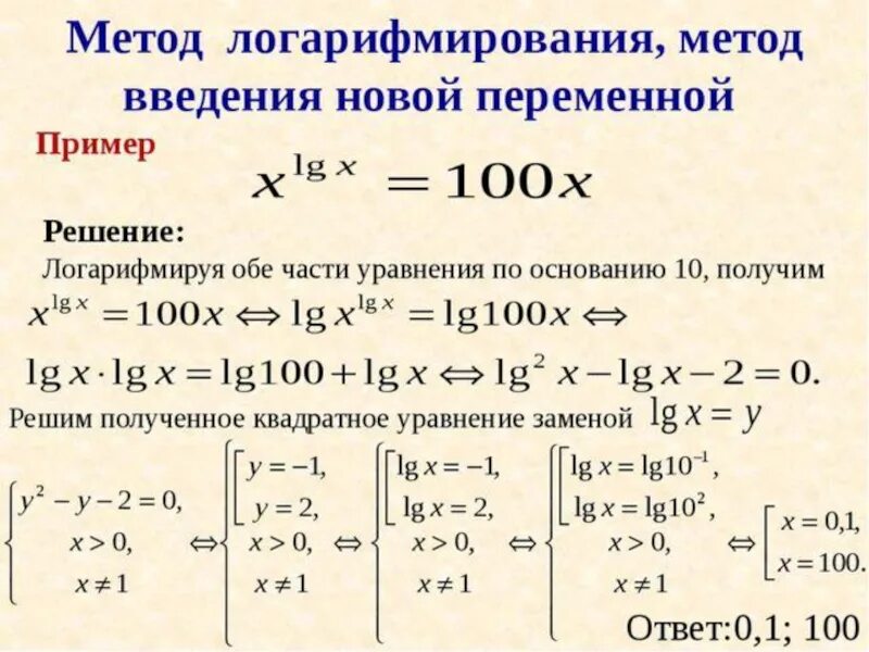 Преобразование логарифмических выражений. Метод логарифмирования уравнения. метод логарифмирования обеих частей уравнения примеры. логарифмические уравнения метод логарифмирования. метод логарифмирования при решении логарифмических.