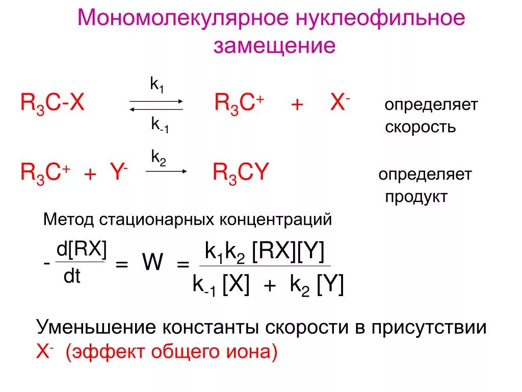 Мономолекулярное и бимолекулярное нуклеофильное замещение. Механизм мономолекулярного нуклеофильного замещения. Нуклеофильное замещение у атома углерода. Реакции нуклеофильного замещения у насыщенного атома углерода. Стационарная концентрация