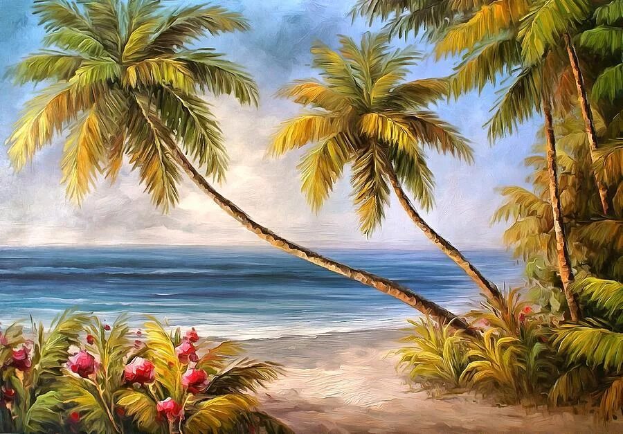Картины море пальмы. Пальмы живопись. пейзаж с пальмами. морской пейзаж с пальмами. пляж пальмы живопись.