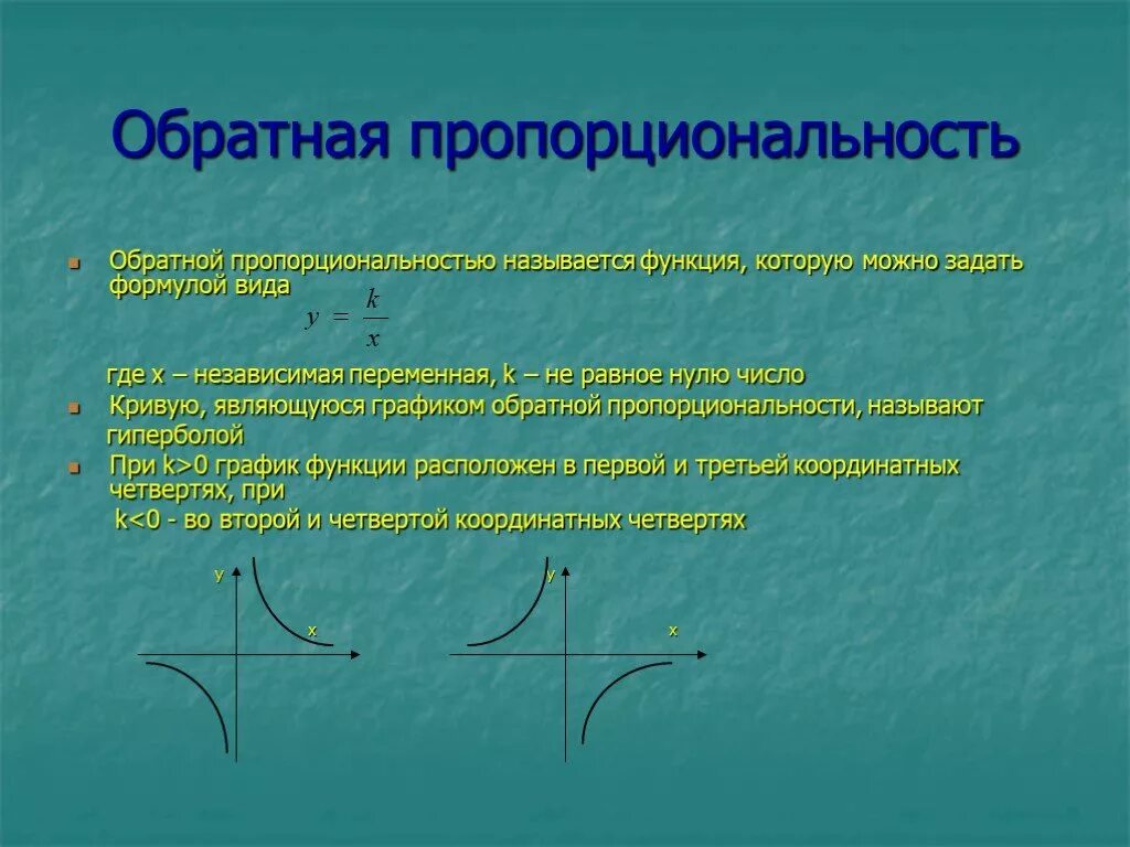 Функция свойства функции формула. Линейная функция Обратная пропорциональность. Формула функции обратной пропорциональности. Оюратная повпорцианаль. График обратной пропорциональности.