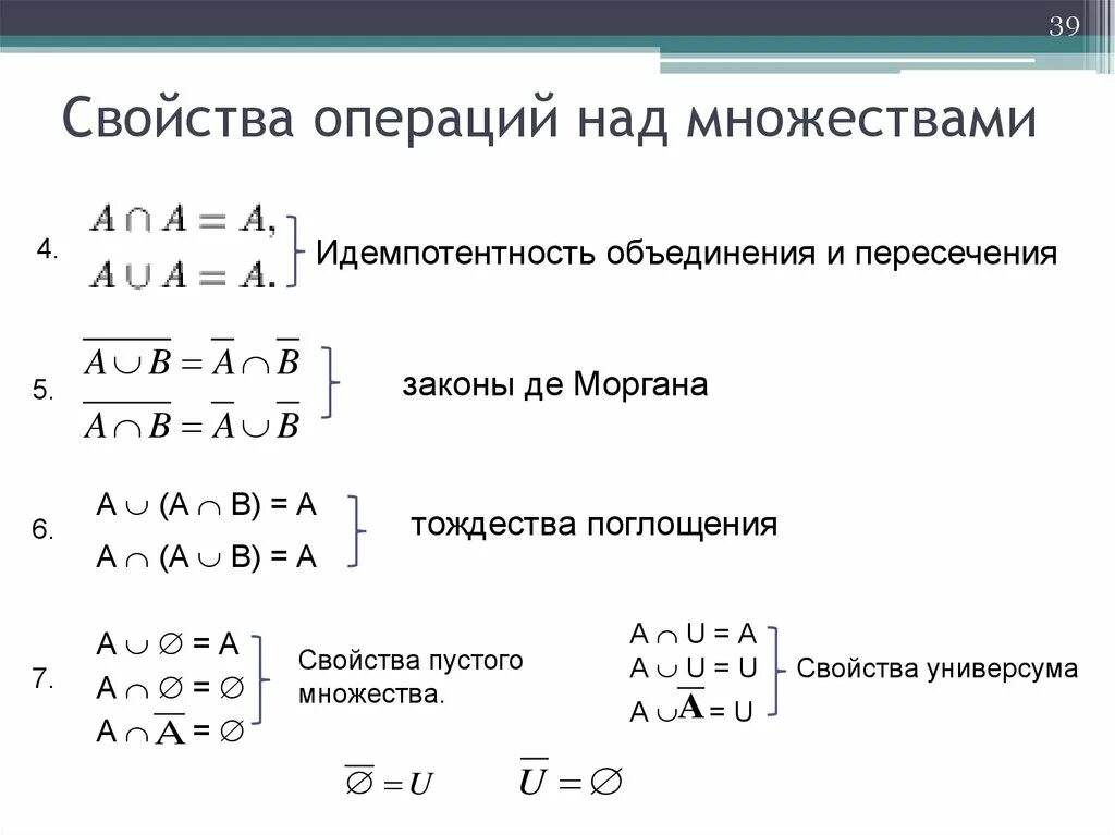 Операции и их свойства примеры. Операции над множествами формулы. операции над множествами свойства операций. отрицание операция над множествами дискретная математика. операция пересечения дискретная математика.