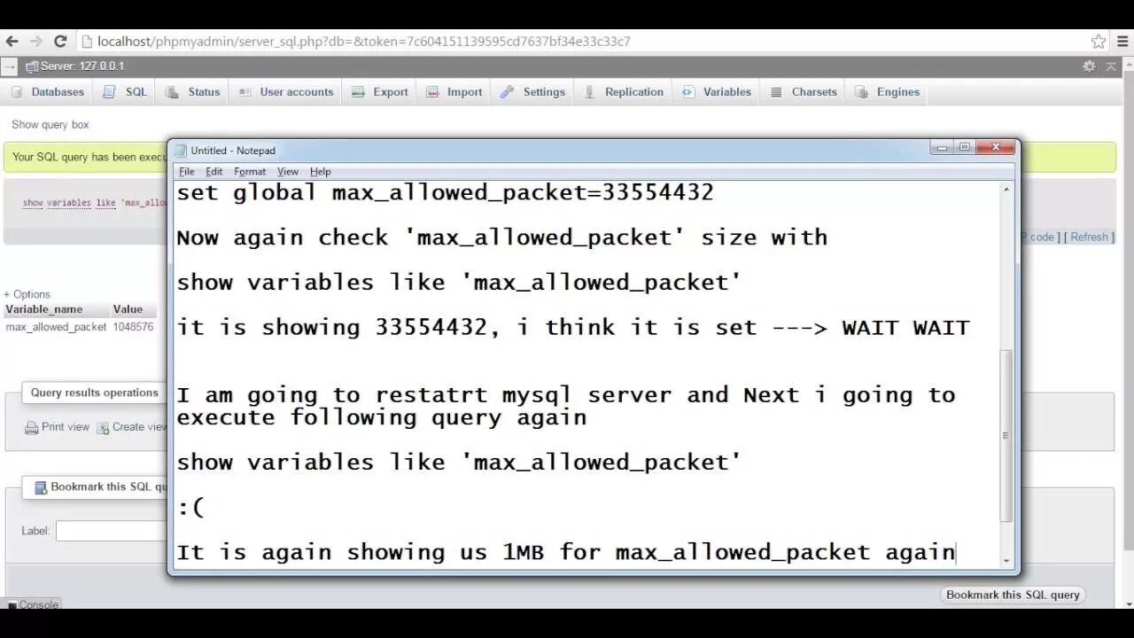 Max MYSQL. Max SQL. Max in SQL. Query length limit exceeded. Max allowed query : 500 Chars. Allow packets