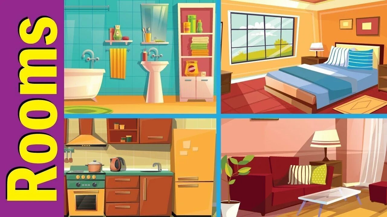 Flat living room bedroom. Комнаты английский for Kids. Комнаты в доме на английском для детей. Картинка спальни для описания. Карточки по английскому комнаты.