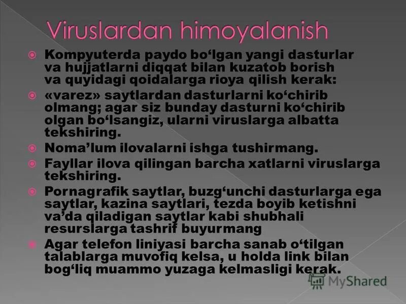 Dastur uskunalari yordamida jadvallarni tahrirlash. Антивируса хакида. Антивирус турлари. Компьютер хакида. Virus va Antivirus haqida.