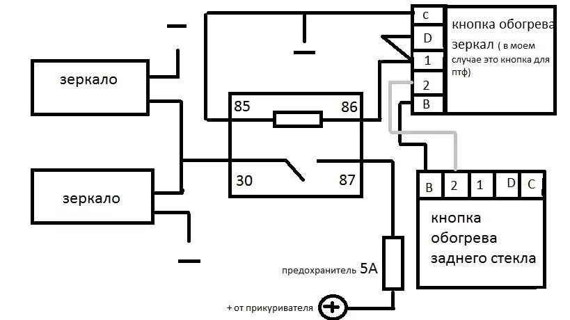 Как подключить обогрев стекла. Схема подключения электроподогрева зеркал. Схема проводки подогрева зеркал Калина 1. Подогрев зеркал ВАЗ 2114 схема.