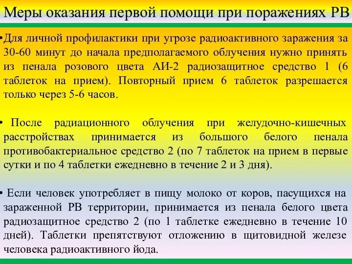 Средства профилактики радиационных поражений. При радиационной угрозе радиационного заражения. Меры профилактики радиационного облучения. Рекомендации при радиационном заражении. Задачи на оказание первой помощи при радиационном поражение.