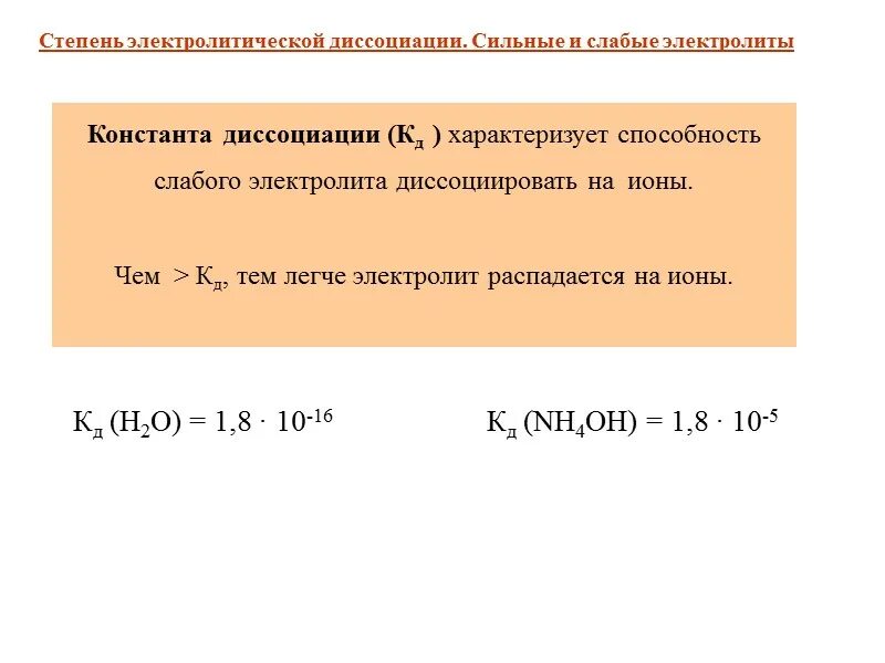 Степень диссоциации по константе диссоциации. Теория электролитической диссоциации сильные и слабые электролиты. Понятие степени и константы электролитической диссоциации. Сильные и слабые электролиты. Степень и Константа диссоциации..