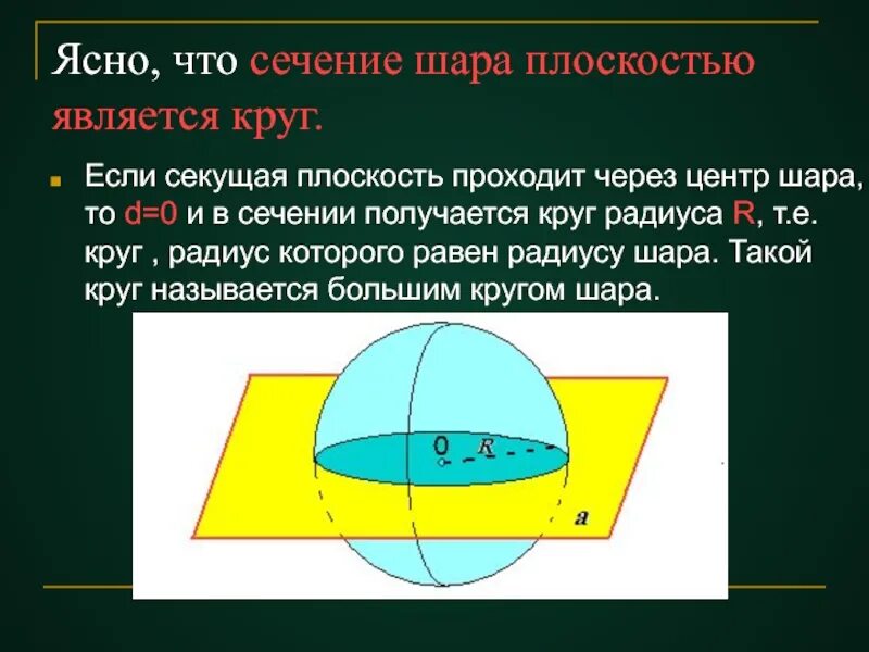 Сечение шара через центр. Сечение сферы плоскостью. Сечение шара плоскостью проходящей через центр. Сечение шара, проходящей через центр шара.