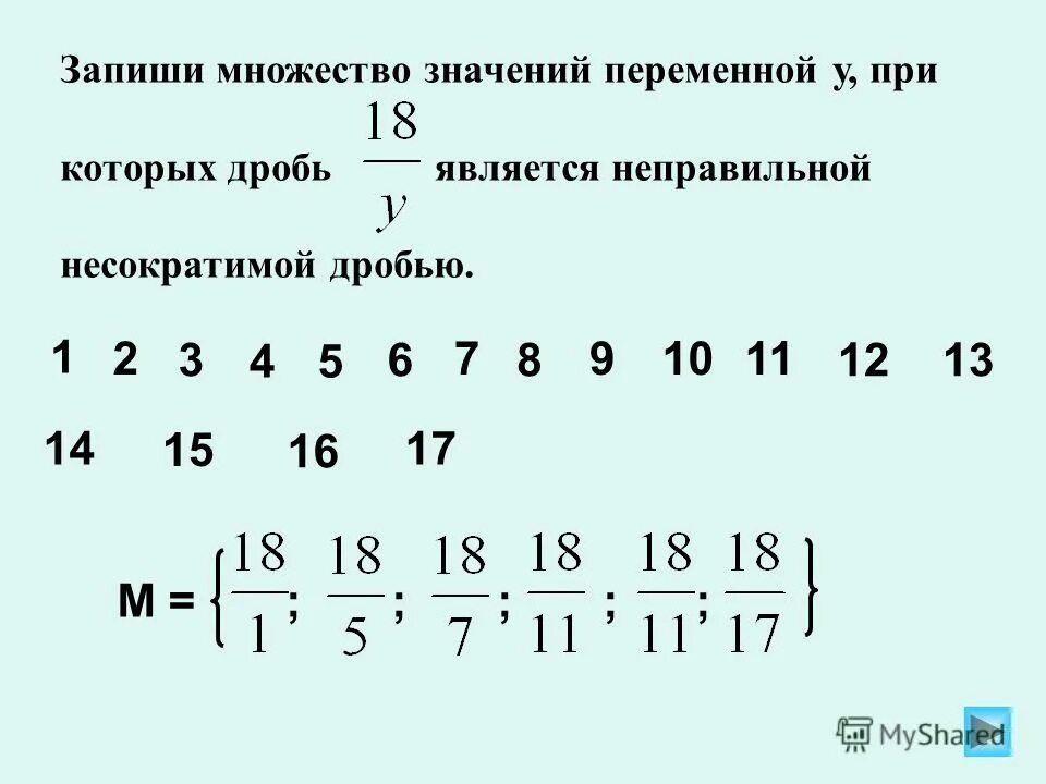 Правильные и неправильные дроби. Несократимая дробь. Множество значений переменной. Числитель и знаменатель дроби. Придумайте пять дробей у которых числитель на 3 меньше.