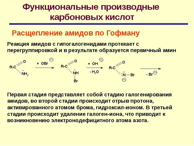 Карбоновые кислоты с натрием реакция. Реакция галогенирования карбоновых кислот на свету. Амиды карбоновых кислот получают в результате реакции:. Расщепление амидов по Гофману. Функциональные производные карбоновых кислот.