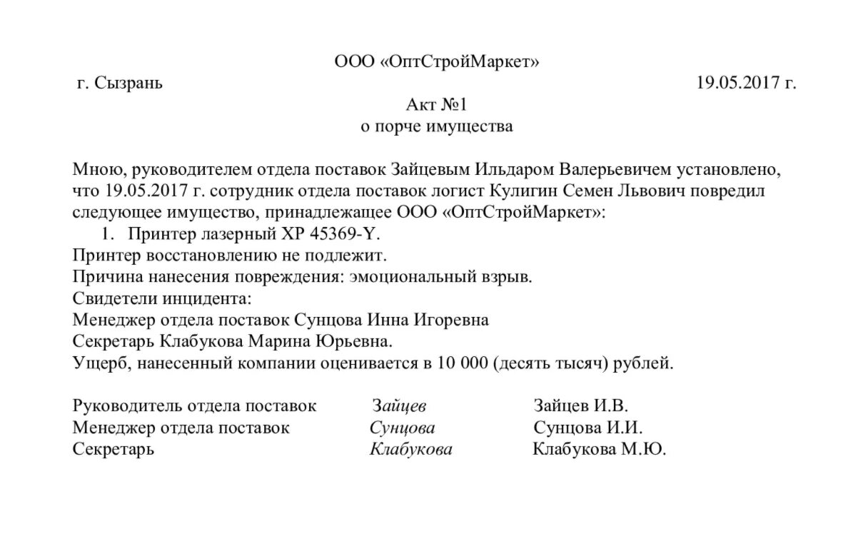 Какой акт составляется в случае отказа. Форма акта порчи имущества. Акт о порче имущества юридического лица образец. Форма акта о нанесении ущерба. Акт о нанесении ущерба имуществу организации образец.