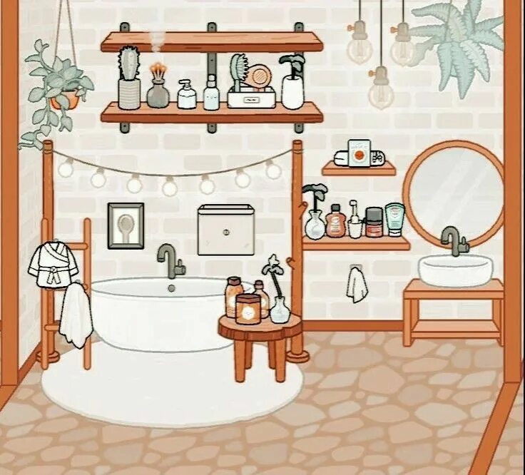 Мультяшная ванная комната. Абустройка в токе боке вана. Обустройство ванной комнаты в тока бока. Рисунок ванной комнаты с мебелью. 57.