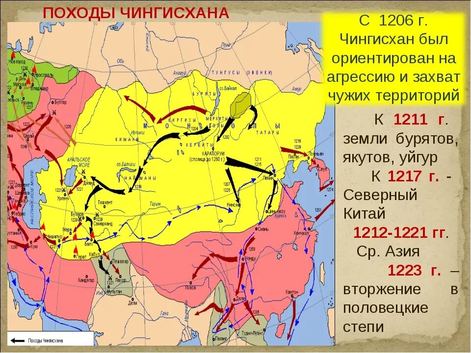 В какой последовательности батый завоевывал русские города. Поход Чингисхана на Русь карта. Карта Руси 13 век походы монголов. Завоевательные походы Чингисхана карта. 1211 Монгольские завоевания Руси.