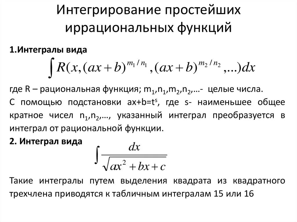 Интегрирование квадратичных иррациональных функций.. Интегрирование некоторых классов иррациональных функций.. Интегрирование некоторых простейших иррациональных функций. Иррациональные функции интегралы формулы. Интегралы иррациональных функций