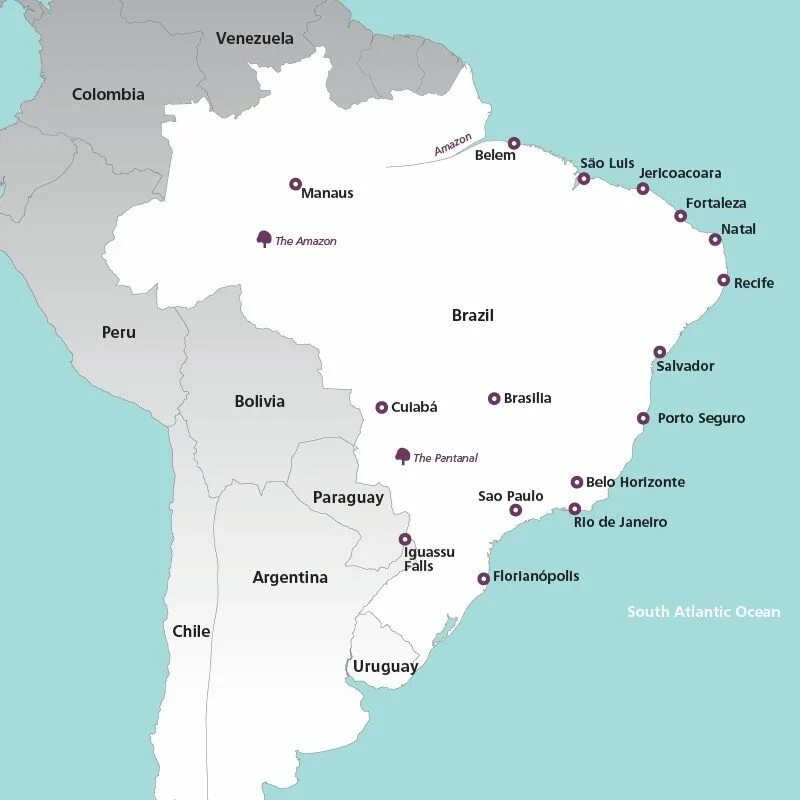 Пантанал Бразилия на карте. Форталеза Бразилия на карте. Сан Криштован Бразилия на карте. Манаус Бразилия на карте.
