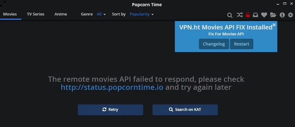 Api failed. Popcorn time fix. fix api.