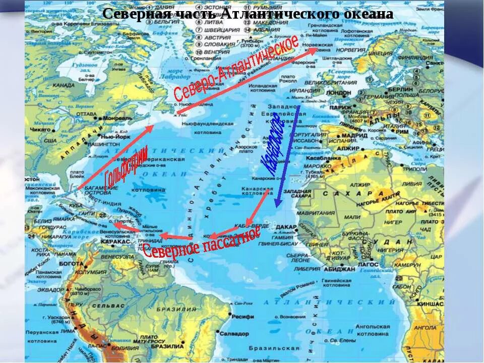 Назовите теплые течения атлантического океана. Гольфстрим течения Атлантического океана. Течения Северной части Атлантического океана. Северное пассатное течение в Атлантическом океане. Антильское течение на карте Атлантического океана.