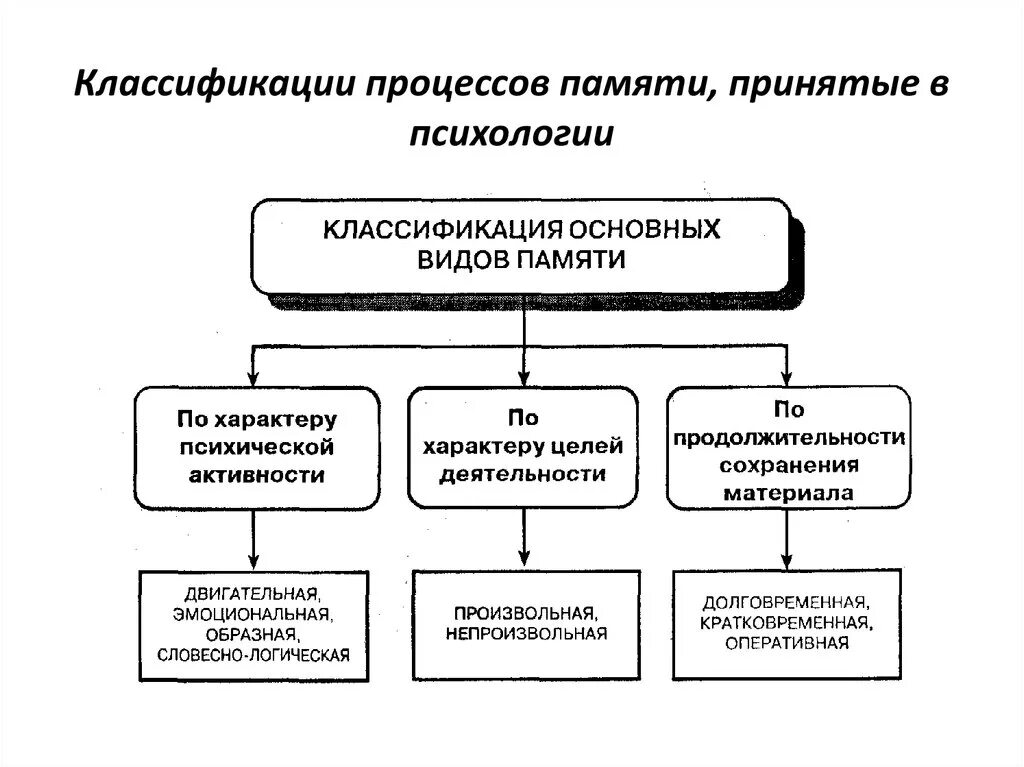 Классификация процессов памяти. Основные процессы памяти схема. Классификация памяти по продолжительности сохранения материала. Классификация основных видов памяти.