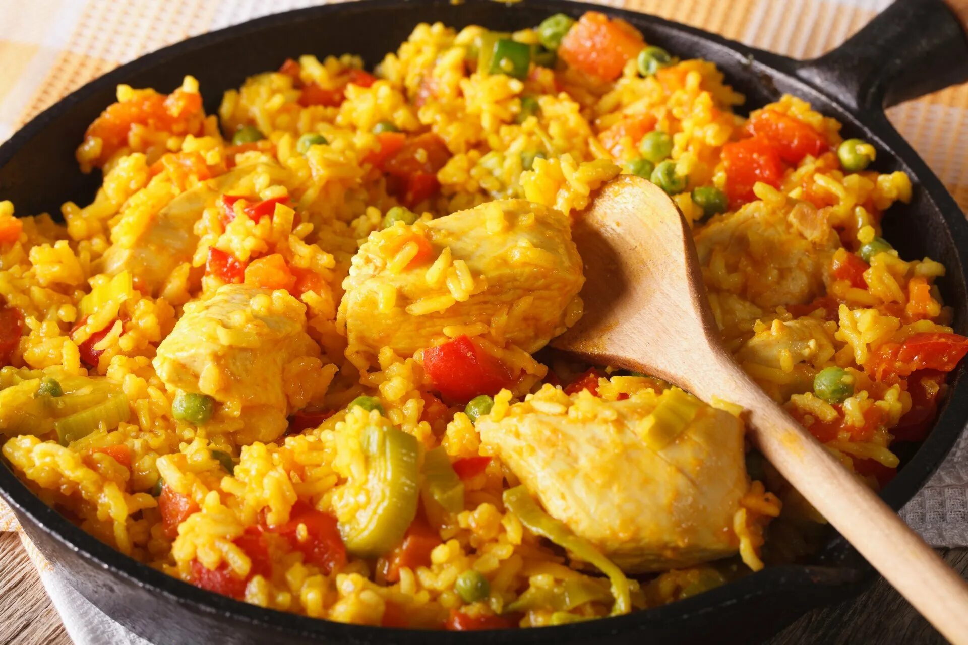 Аррос кон польо. Рис с курицей - arroz con pollo. Паэлья с курицей и овощами. Паэлья с курицей и овощами на сковороде.
