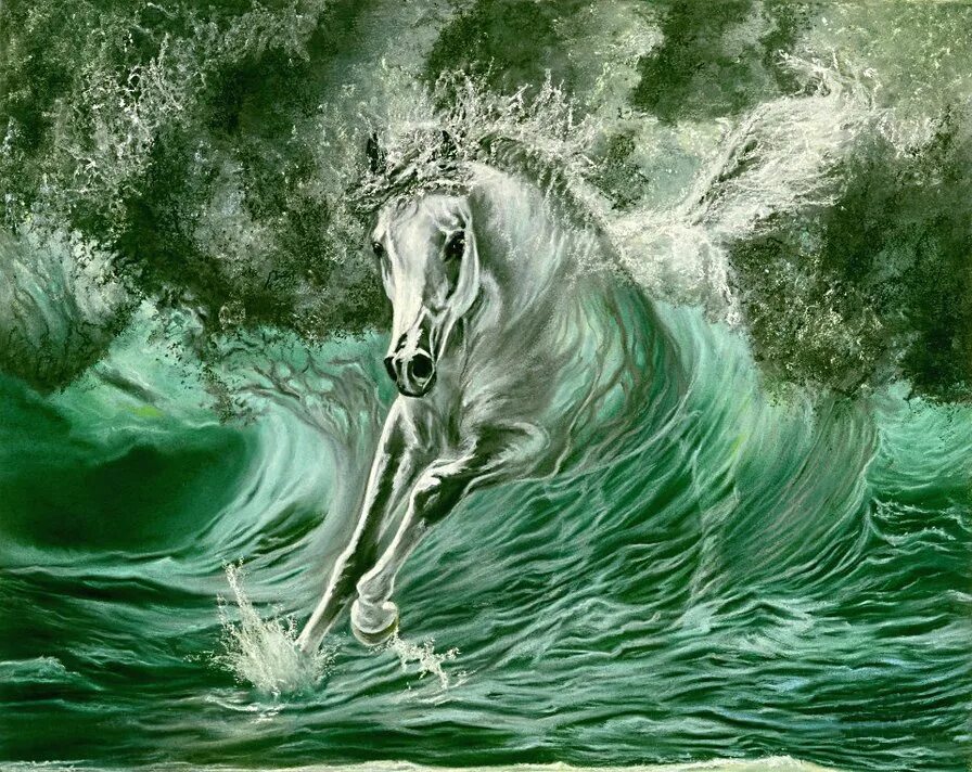 Чудесный витязь коня из реки. Конь из воды. Кони волна. Лошади Посейдона. Лошадь из волны.