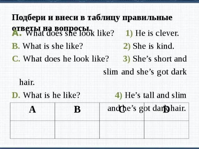 Does she like. What does he look like ответ. What is he like ответ на вопрос. What is she like ответ на вопрос. Вопросы с what does.