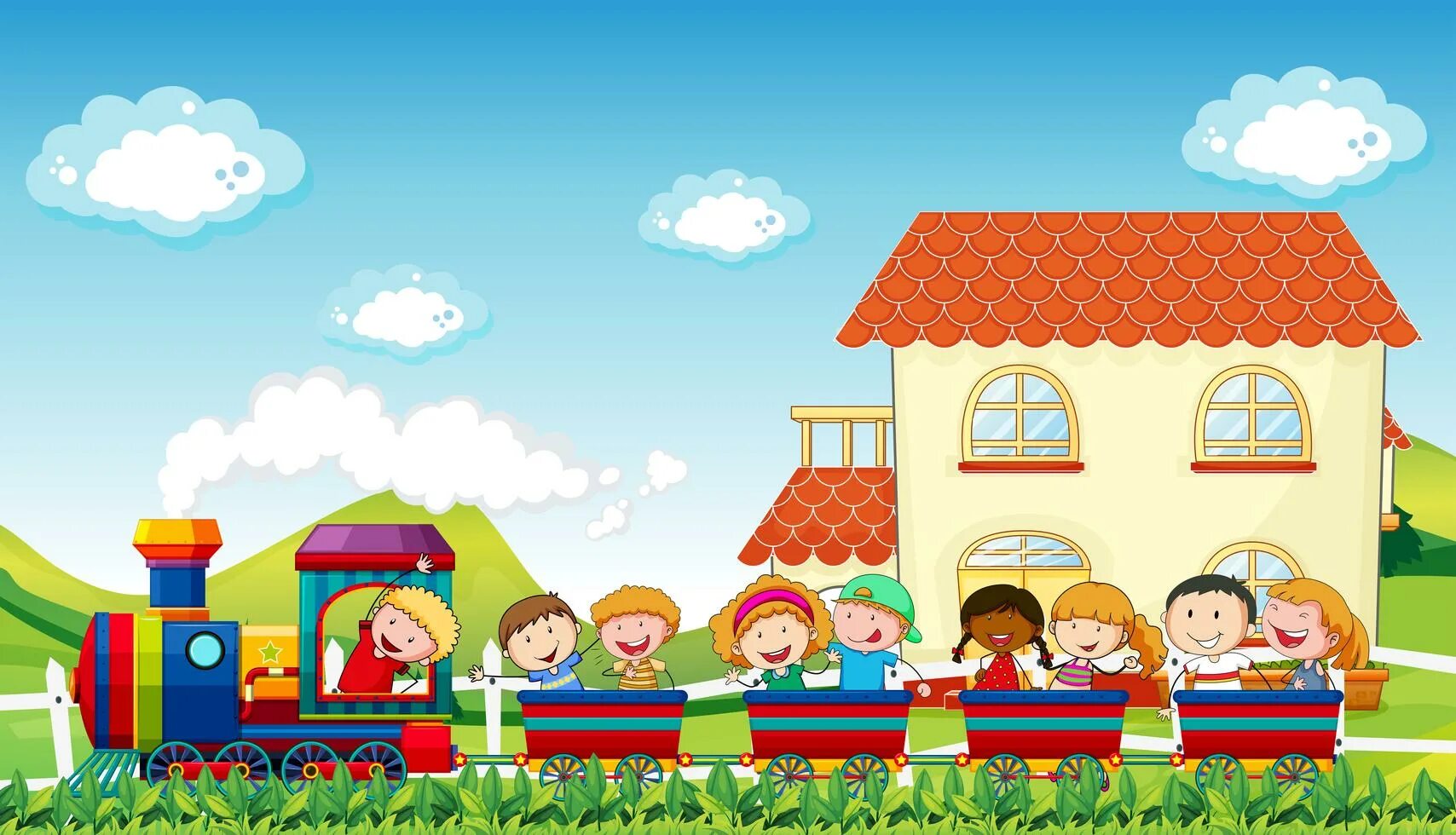 Ребенок едет на поезде с бабушкой. Путешествие на паровозике. Паровозик для детей. Станция для детей. Фон путешествия поезд детский.
