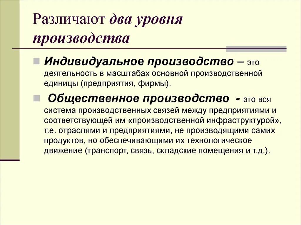 Уровни производства. Индивидуальное производство. Индивидуальное и Общественное производство. Уровни общественного производства.