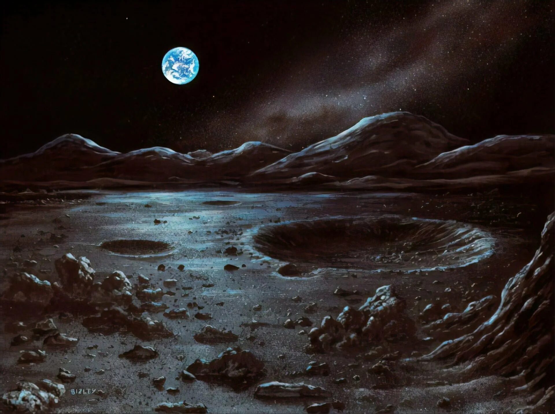 Поверхность Луны. Лунный пейзаж. Вид с Луны. Космический пейзаж. Лунная вода на луне