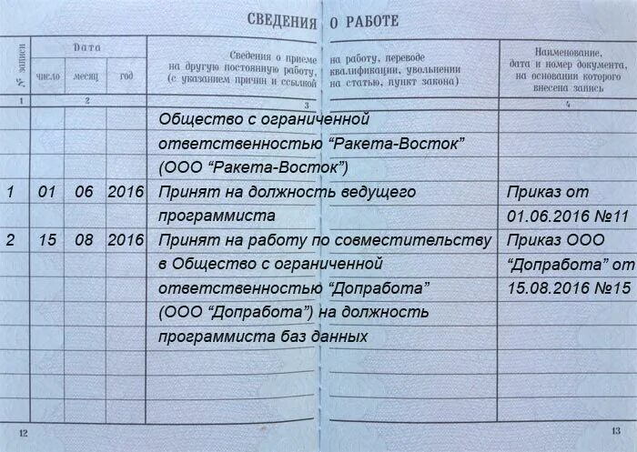 Запись работа. Запись в трудовой по внешнему совместительству образец. оформление работы по совместительству в трудовой книжке. запись в трудовой о совместительстве. запись в трудовой книжке по совместительству.
