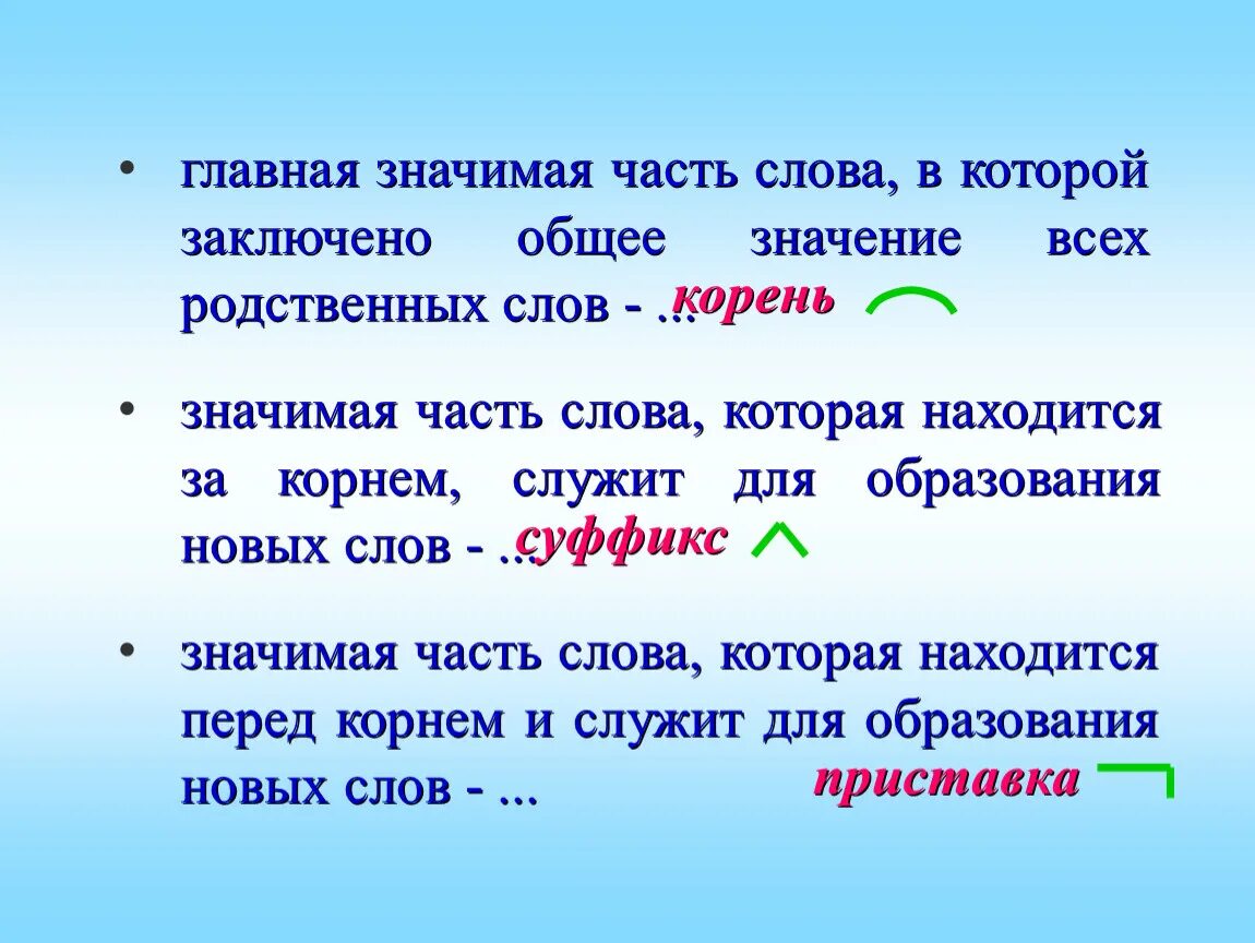 Значимая часть слова. Корень это значимая часть слова. Главная значимая часть слова. Что такое значимая часть. Значимые части слова называются