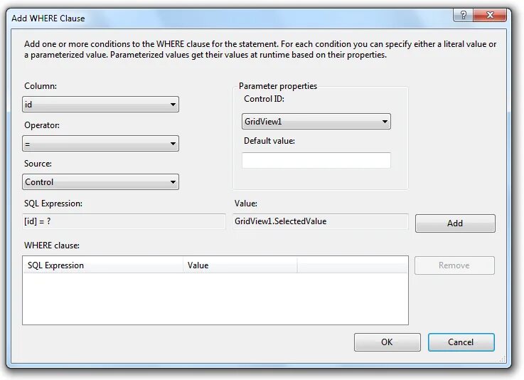 Диалог builder. Field in access. Expression value. Expression value. Expression access.