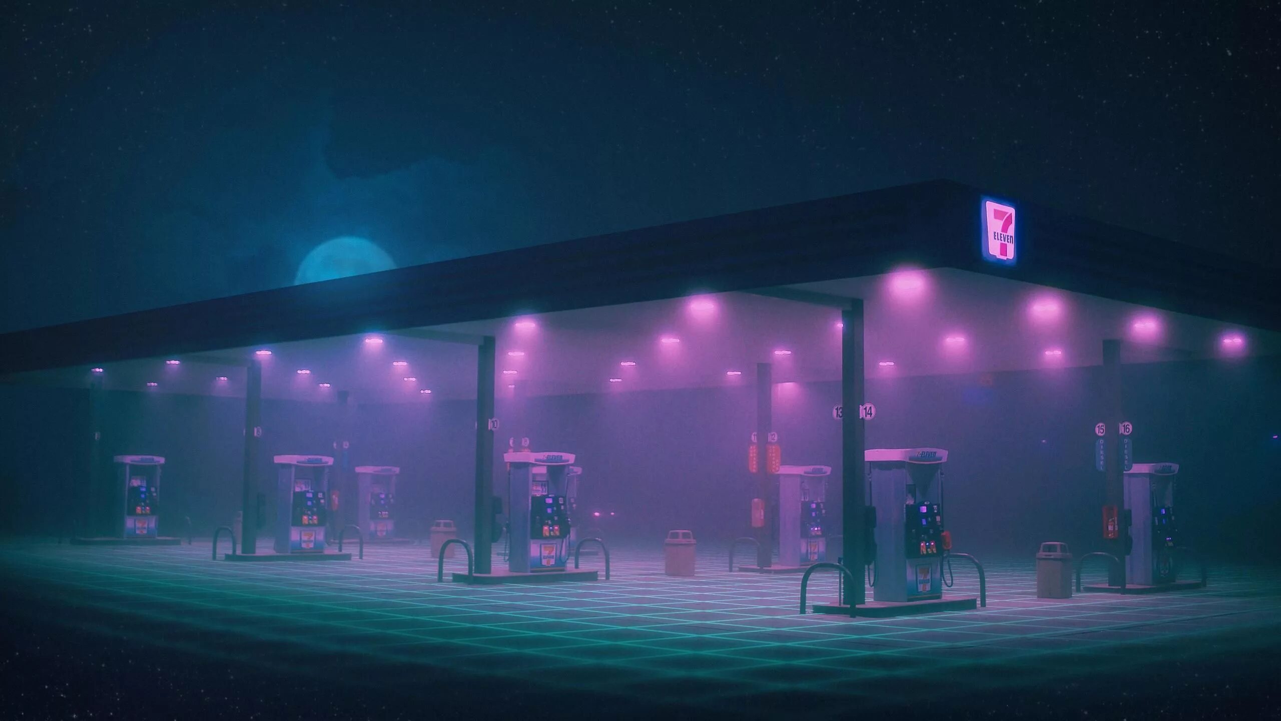 Gas Station 80's. Gas Station Night 80s. Неоновый город. Неоновый туман.