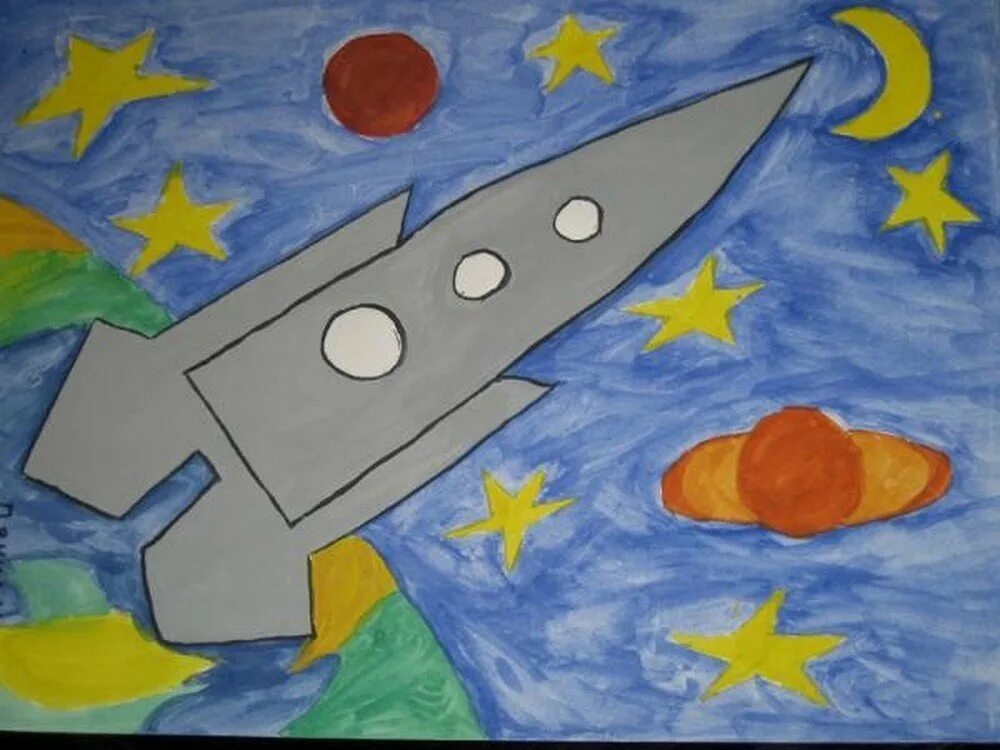 Рисунки ко дню космонавтики начальная школа. Космос рисунок для детей. Детский рисунок на тему космос. Детские рисунки на тему космос. Космический рисунок для детей.