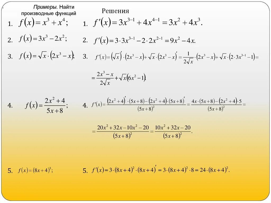 Производные как решать примеры. Как найти производную функции примеры. Как найти производную примеры. Как решать производную функции. F x 2x 3 5 4x