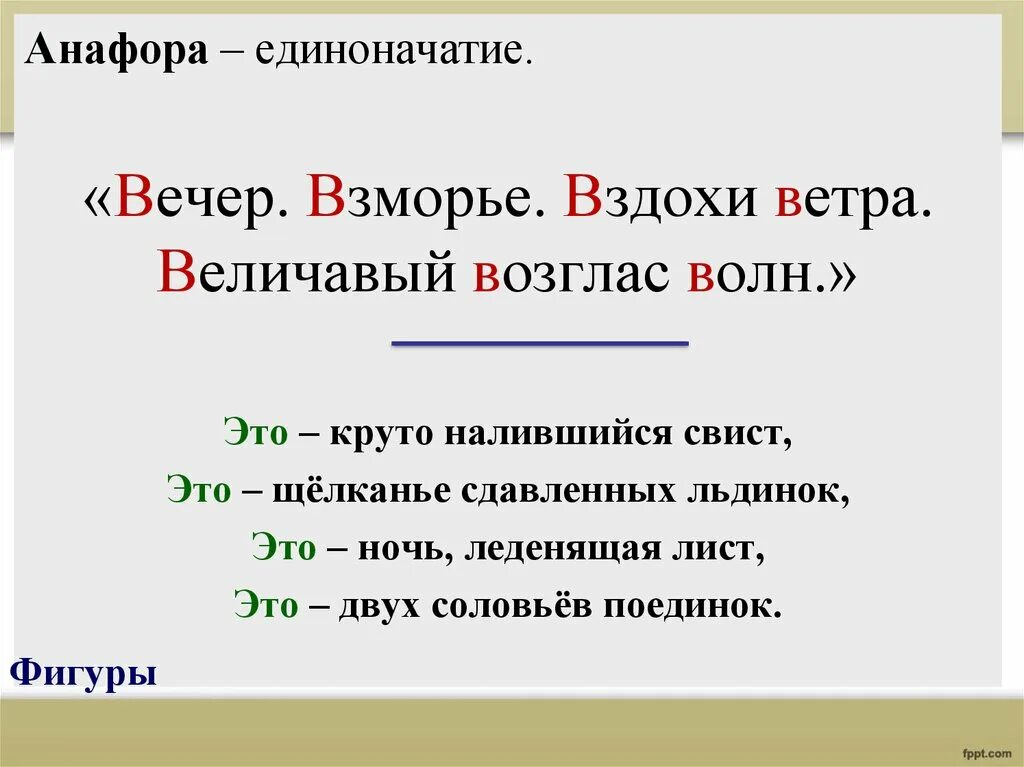 Анафора единоначатие. Вечер Взморье вздохи ветра величавый возглас волн. Синтаксическая анафора. Анафора это в русском. Величавый синоним