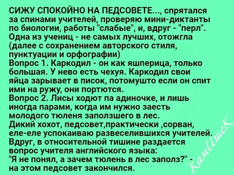 Чуть успокоенный. Анекдот про педсовет. Педсовет прикол. Анекдот про учителя биологии на педсовете. Крокодил он как яшперица анекдот.