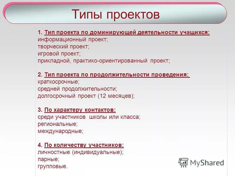 Виды проектов по содержанию деятельности Типы проектов по содержанию монопредметный