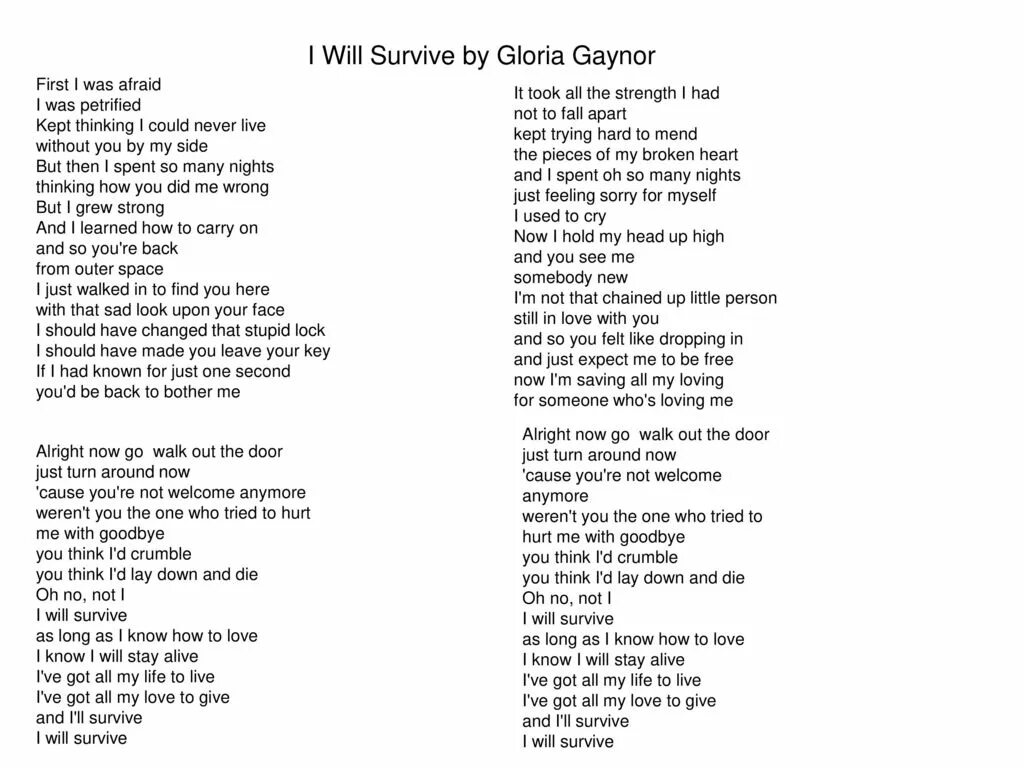 Английские песни русской транскрипцией. I will Survive текст. I will Survive текст на английском. Gloria Gaynor i will Survive текст.