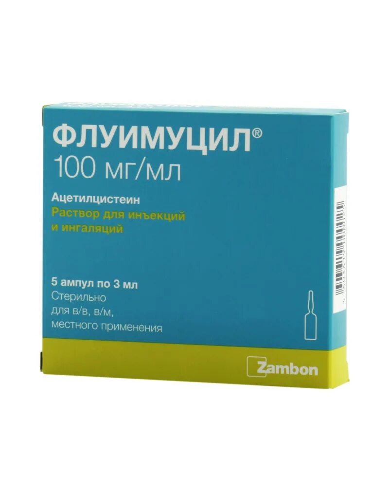 Флуимуцил р-р д/ин. И ингал. 100мг/мл 3мл №5. Флуимуцил р-р д/ин. Амп 100мг/мл 3мл no5 (Zambon., s.p.a.). Флуимуцил амп 3мл 5. Флуимуцил амп. 300мг 3мл №5.