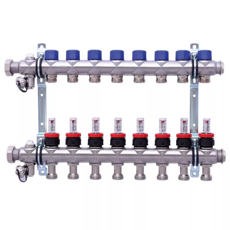 Распределительный коллектор Hansa FBH 63. Коллекторная группа tim (ka008) 1&quot;, 8 вых., расходомер, воздухоотводчик, сливной кран, термометр. Коллектор для теплого пола Hansa FBH 63. Коллектор для теплых полов Hansa FBH 63 С расходомерами (9 контуров) арт. 256329