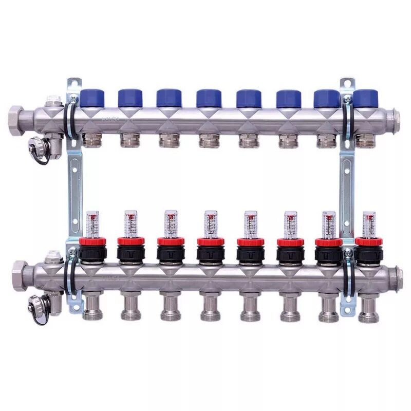 Коллекторная группа tim (kcs5003) 1" ВР-ВР, 3 отвода 3/4", расходомер, воздухоотводчик, сливной кран. Коллекторная группа с расходомерами на 10 контуров. Гребенка на 10 контура (с расходомерами) Stout. Коллекторные группы Hansa.